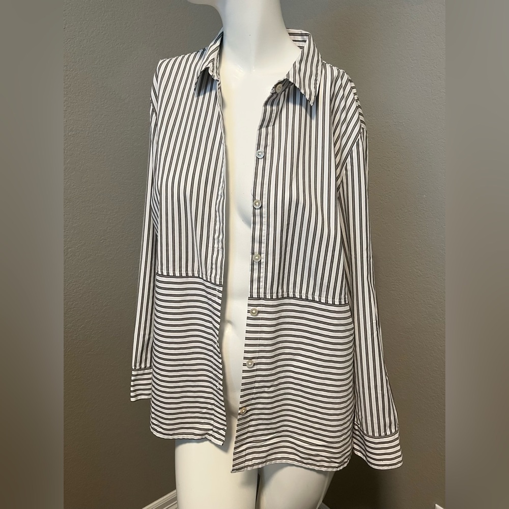 J. JILL Women’s Black and White Striped LS Button Down Shirt Blouse Size L - Picture 6 of 13